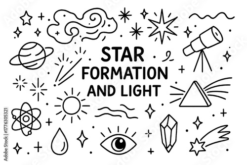Cosmic Doodle Icons. Star formation and light. Hand-drawn doodle illustration Star formation and light nebula cloud, gas swirl, sparkle, telescope, planet,