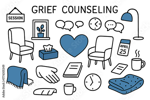 Grief Counseling Session. // Grief counseling. Hand-drawn doodle illustration Grief counseling [therapist chair (accented), client chair, tissue box