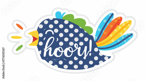 Happy polka dot bird shouting hooray with colorful feathers