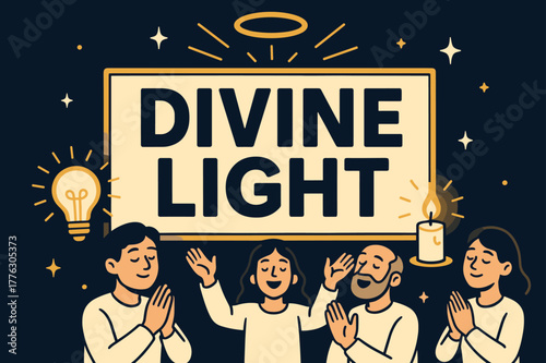 Divine Light Celebration. Divine light banner, flat vector illustration, bold oversized text inside rectangular frame, cartoon characters praying and raising