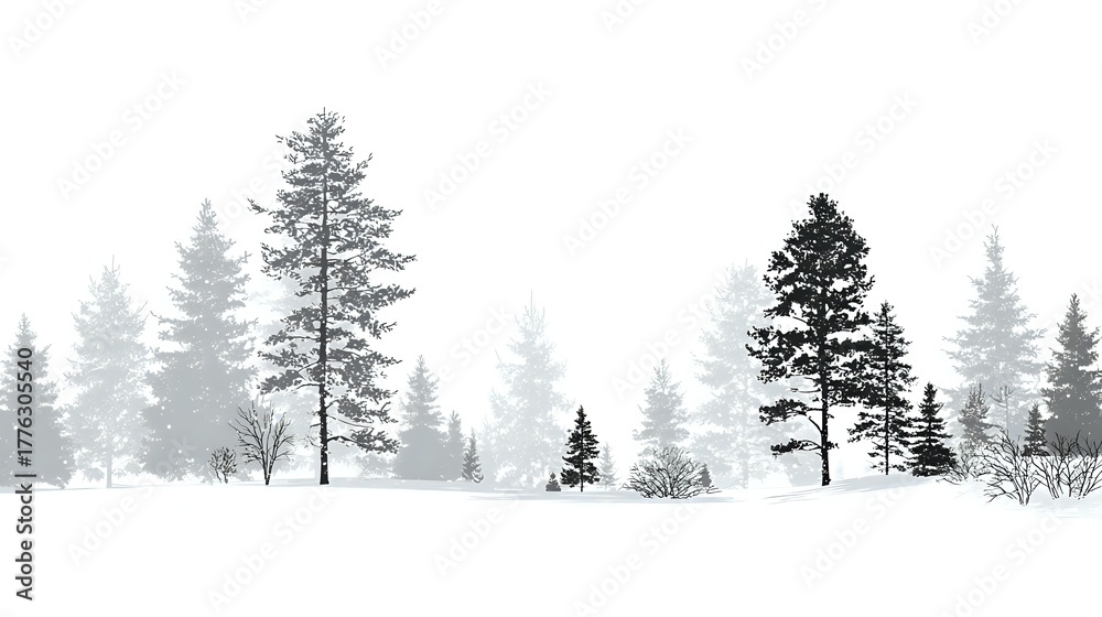 Naklejka premium Misty winter forest landscape with tall pine trees silhouetted against white fog, creating a serene and atmospheric snowy scene.