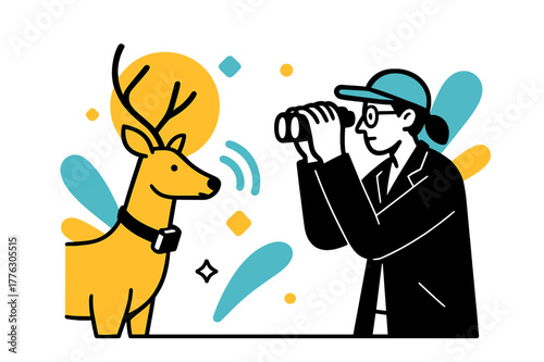 Biologist Observing Wildlife. Wildlife Tracking. Biologist observing a GPS-collared animal with floating abstract geometric shapes and soft glowing accents,