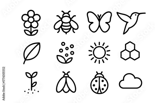 Garden Pollination Icons. Garden pollination. Line outline icon set of garden pollination: flower, bee,