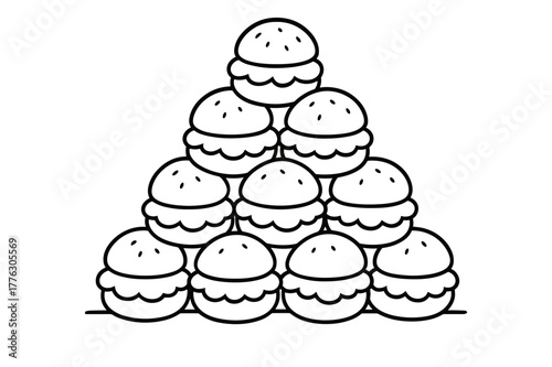 Cream Puff Pyramid. Cream puff tower children?s coloring book illustration, outlined drawing, a pyramid of round puffs with soft cream clouds between them,