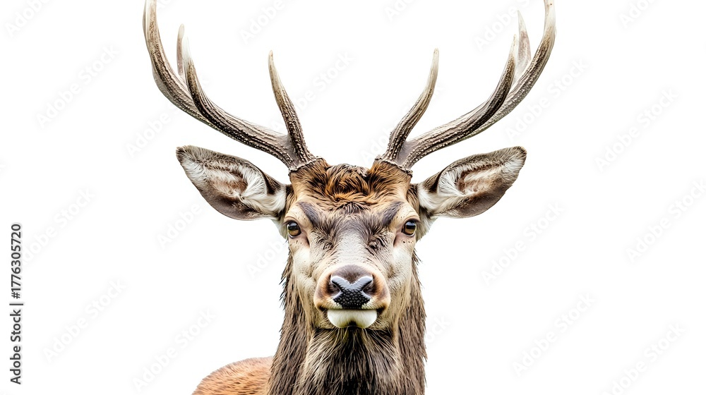 Fototapeta premium Majestic red deer stag head portrait with large antlers isolated on white background, close up view of wild animal face showing detailed features and expression.