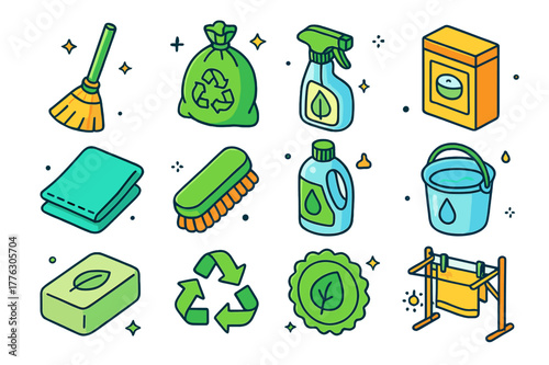 Eco-Friendly Cleaning Icons. Eco-friendly cleaning. Colorful isometric vector icons set of Eco-friendly cleaning: bamboo broom, biodegradable trash bag,