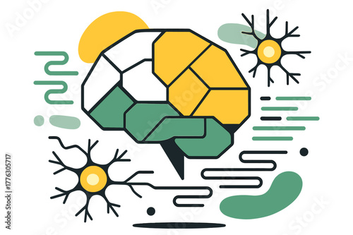 Geometric Brain Consciousness. Mind transcendence. Abstract geometric brain forms surrounded by floating