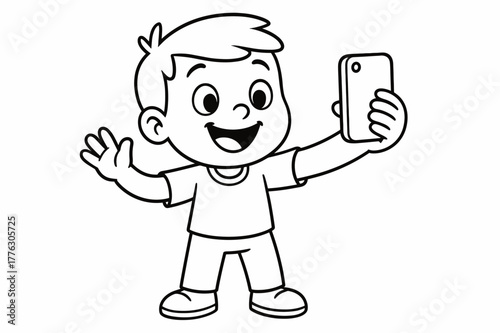 Cartoon Selfie Fun. Taking selfies children?s coloring book illustration, outlined drawing, friendly cartoon