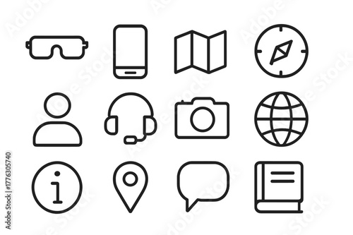 Augmented Reality Icons. Augmented reality guides. Line outline icon set of augmented reality guides: AR