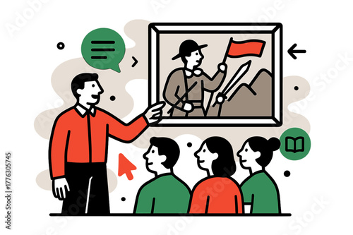 Interactive Museum Tour. Museum guided tour. A guide points to a historical painting while visitors watch