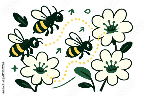 Bees' Pollen Dance. Bee teamwork. Multiple bees flying between blossoms, trails of glowing pollen particles