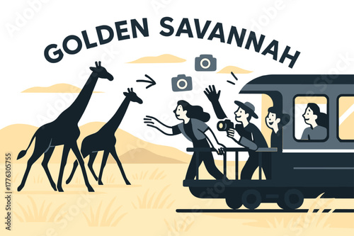 Savannah Safari Scene. Savannah safari rail. Silhouettes of giraffes pace alongside as the lounge car opens to a viewing deck; camera icons ping softly.