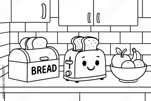 Kitchen Coloring Fun. Kitchen counter children?s coloring book illustration, outlined drawing, friendly