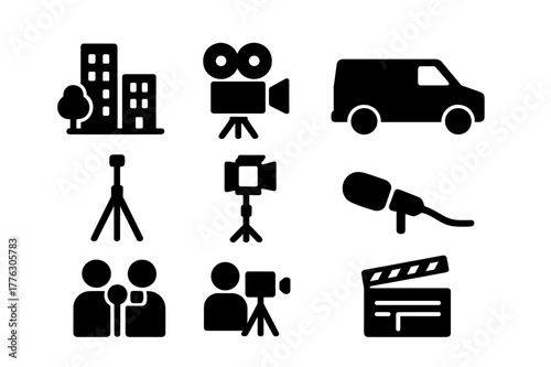 Film Production Icons. On-location shoot. Filled icon set of on-location shoot: city street, film camera, van,