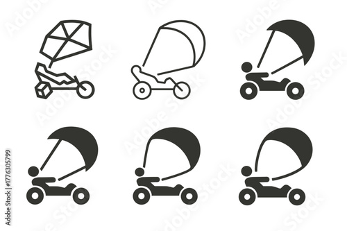 Kite Buggy Logos. Kite buggy. Set Logo of Kite buggy: traction kite towing sand buggy. harmonious logo variations of the same emblematic concept, each with