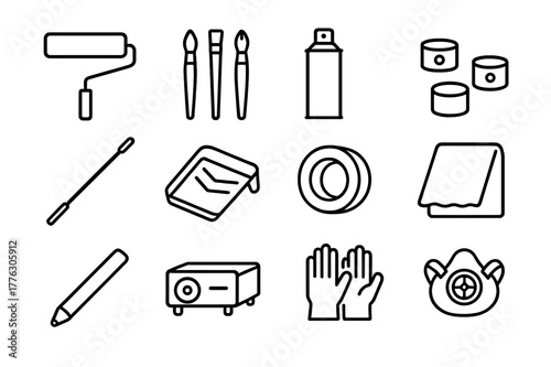 Mural Artist Tools. Mural Artist Toolkit. Line icon set of Mural Artist Toolkit: wide roller, brush set, spray can, cap nozzles set, extension pole, paint
