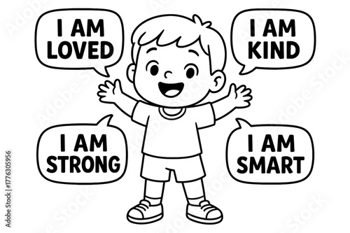 Kids' Affirmation Coloring. Positive affirmations children?s coloring book illustration, outlined drawing,