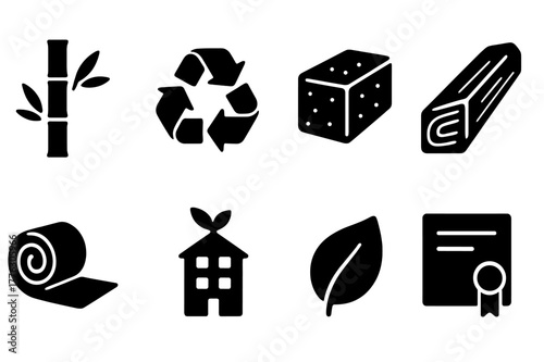 Sustainable Icon Set. Sustainable materials. Filled icon set of sustainable materials: bamboo, recycled metal,