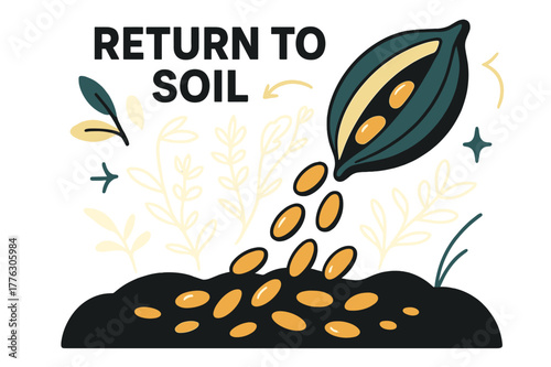 Seed's Journey Home. Seeds ? Harvest Memory. Open pod spills mature seeds onto the earth; ghosted outlines hint at past growth above. Text ?return to soil?.