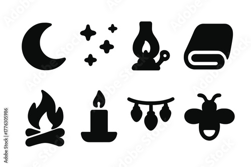 Nighttime Ambiance Icons. Nighttime ambiance. Filled icon set of nighttime ambiance: moon icon, starry sky,