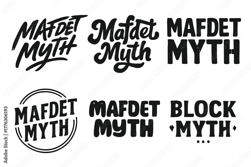 Fototapeta premium Mafdet Lettering Variations. Mafdet Myth. Set lettering. harmonious lettering variations of the same emblematic concept, each with different artistic
