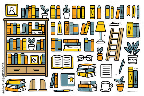 Colorful Home Library. Home library. Hand-drawn doodle illustration bookshelf (colored), hardcover books (colored), paperback books (colored), book spines