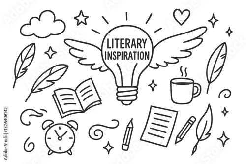 Literary Inspiration Doodles. Literary inspiration. Hand-drawn doodle illustration literary inspiration light bulb, open book, feather, cloud, stars, heart,