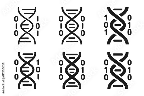 Genetic Logo Variations. Genetic modification. Set Logo of genetic modification: gene sequence code with binary digits. Icon set. harmonious logo variations of