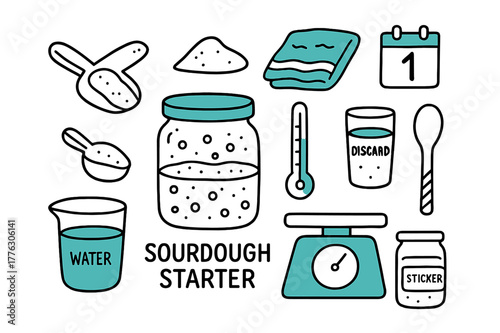 Sourdough Starter Essentials. // Sourdough starter. Hand-drawn doodle illustration Sourdough starter [glass jar (accented), rubber band, starter bubbles