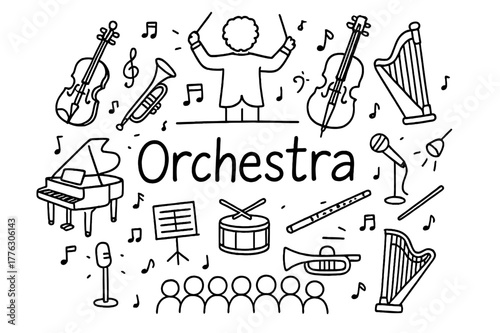 Orchestra Doodle Illustration. Orchestra. Hand-drawn doodle illustration of Orchestra. conductor, violin,