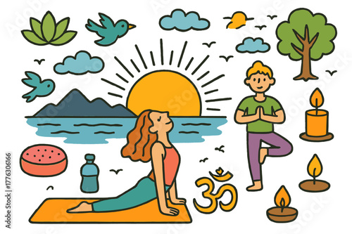 Sunrise Yoga Scene. Yoga at sunrise. Colorful Hand-drawn doodle Children illustration Yoga at sunrise yoga mat, person stretching, rising sun, mountain
