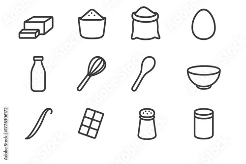 Pastry Ingredient Icons. Pastry ingredients. Line icon set of pastry ingredients: butter, sugar, flour bag, egg, milk bottle, whisk, spoon, bowl, vanilla pod,