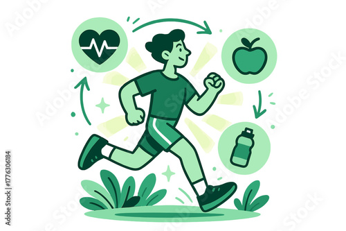Vibrant Active Lifestyle. Healthy lifestyle. Person jogging outdoors with icons of heart, fruit, and water