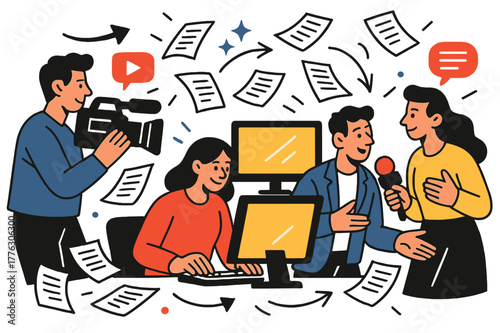 Dynamic Newsroom Collaboration. Newsroom teamwork. Editors, reporters, and cameramen coordinating with glowing