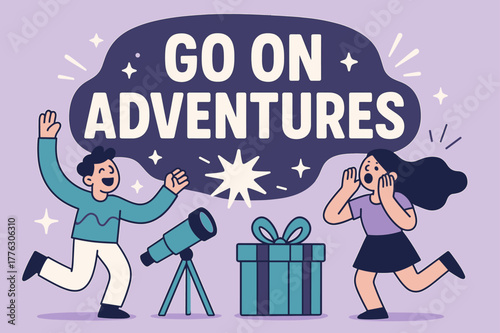 Adventurous Celebration Scene. Go on adventures banner, flat vector illustration, bold oversized text inside rounded blob, cartoon characters shouting and