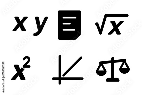 Algebra Icon Set. Algebra basics. Filled icon set of algebra basics: x and y variables, equation sheet, square