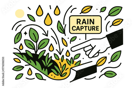 Rain Capture Design. Green infrastructure ? Bioswales & rain gardens. Raindrops become arrows guiding water into lush channels; a hand points to a ?RAIN
