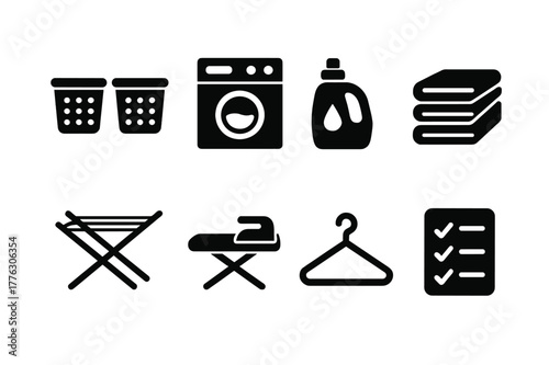 Laundry Icons Set. Laundry workflow. Filled icon set of laundry workflow: sorting baskets, washing machine,