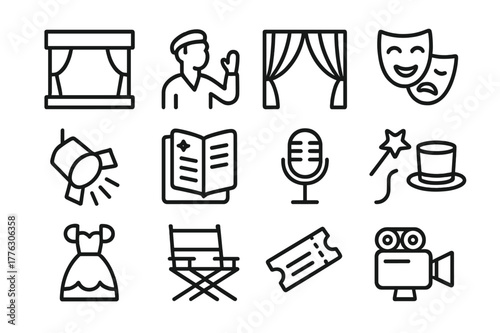 Theater Icons Collection. Theater event. Line outline icon set of theater event: stage, actor, curtain, mask,