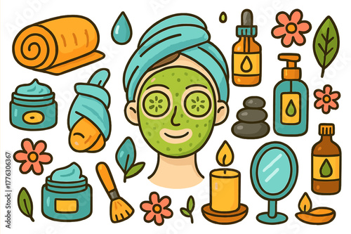 Colorful Facial Care Doodles. rejuvenating facial. Colorful Hand-drawn doodle Children illustration rejuvenating facial face mask, cucumber slices, headband,
