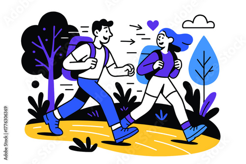 Vibrant Hiking Adventure. Hiking together. A couple walking on a glowing trail through a stylized forest,