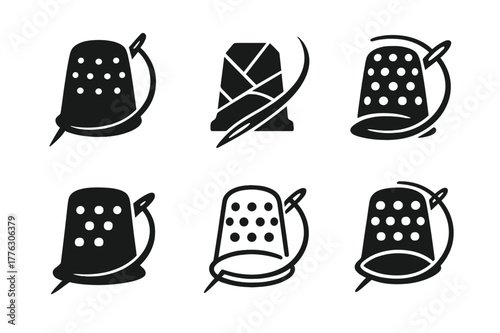 Artistic Needlework Logos. Hand stitching. Set Logo of Hand stitching: thimble and curved needle motion. harmonious logo variations of the same emblematic