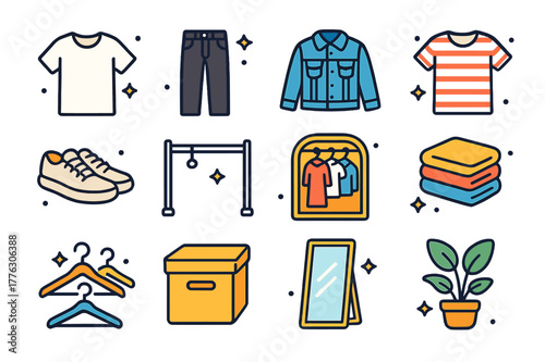 Colorful Minimalist Wardrobe Icons. Minimalist wardrobe. Colorful isometric vector icons set of Minimalist wardrobe: white T-shirt, black jeans, denim jacket,