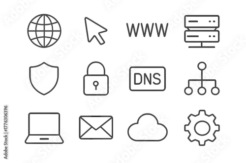 Domain Icon Set. Domain. Line icon set of domain: globe, cursor, www text, server, shield, padlock, dns, network, laptop, email, cloud, settings gear. All