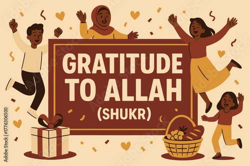Gratitude Celebration Banner. Gratitude to Allah (Shukr) banner, flat vector illustration, bold oversized text inside rectangular frame, cartoon characters