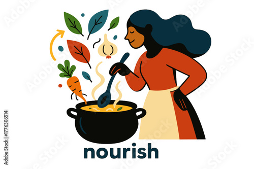 Herbal Stew Symphony. Keeper of the Hearth ? Herbal Stew. Leaves, garlic, and root icons swirl into a simmering pot; aroma lines curl like music. Label