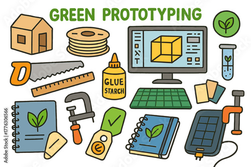Green Prototyping Tools. Green Prototyping. Colorful Hand-drawn doodle Children illustration Green Prototyping cardboard mockup, biodegradable filament spool,