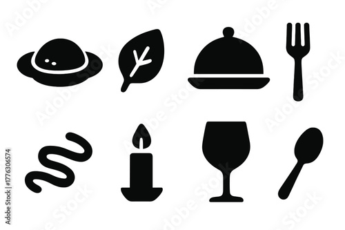 Gourmet Icon Set. Gourmet meals. Filled icon set of gourmet meals: plated dish, garnish leaf, covered cloche,