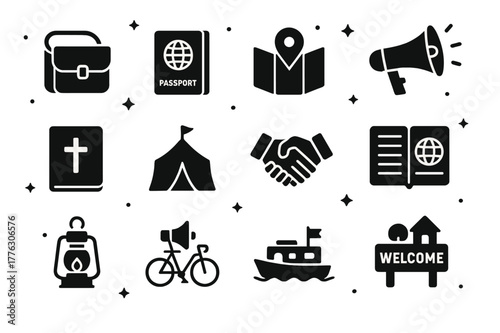 Missionary Icon Set. Missionaries and evangelism. Solid icons set of missionaries and evangelism: travel satchel, passport, map with pin, loudspeaker, gospel
