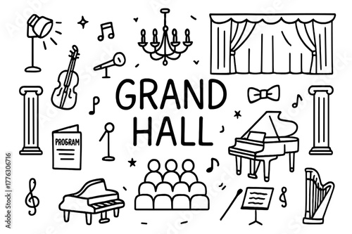 Grand Hall Doodle Outline. Grand Hall. Hand-drawn doodle illustration of Grand Hall. chandelier, stage,